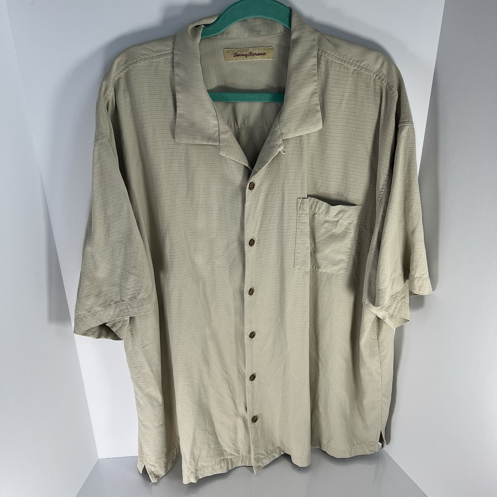 Tommy Bahama Men's 2XL Beige 100% Silk Wooden Button Collar Button Up Shirt EUC